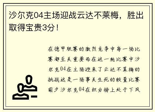 沙尔克04主场迎战云达不莱梅，胜出取得宝贵3分！